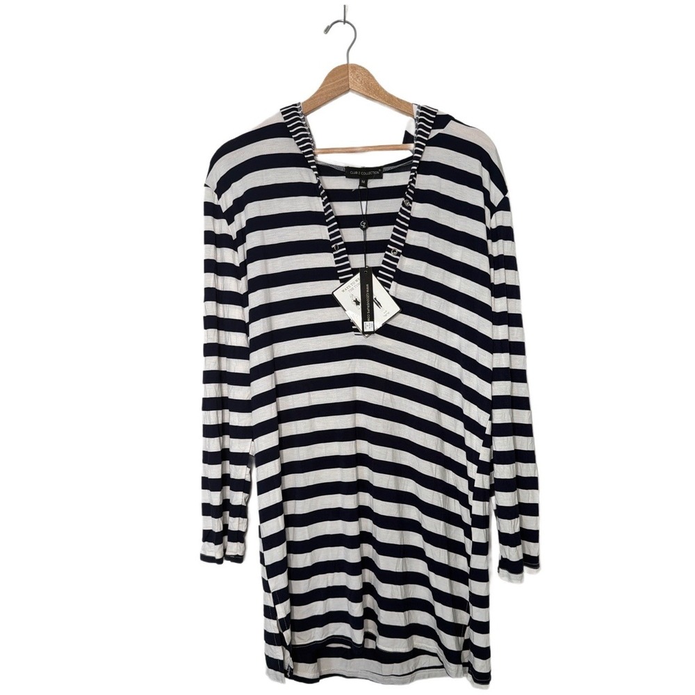 Club Z Collection Striped Nautical Hooded Tunic Swim Cover Up Navy White NWT
